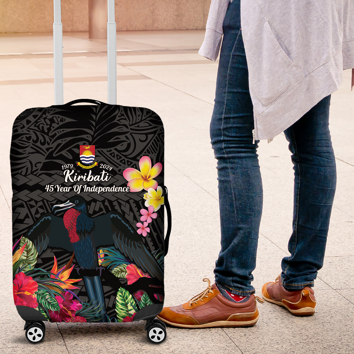 Kiribati Independence Day Luggage Cover Frigatebird Mix Tropical Flowers - Black Style