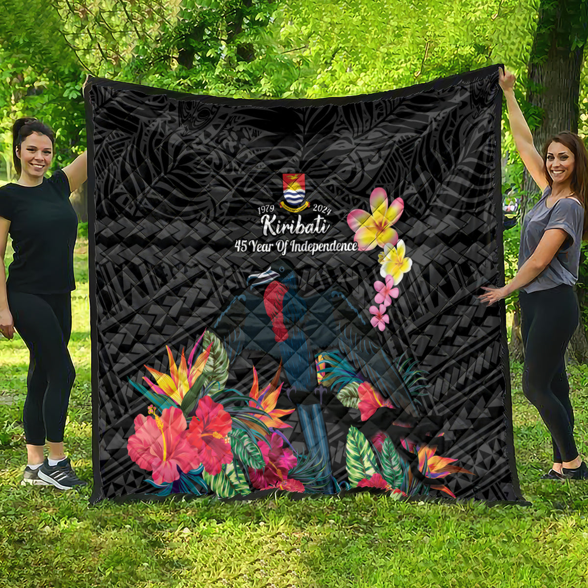 Kiribati Independence Day Quilt Frigatebird Mix Tropical Flowers - Black Style LT14 - Polynesian Pride
