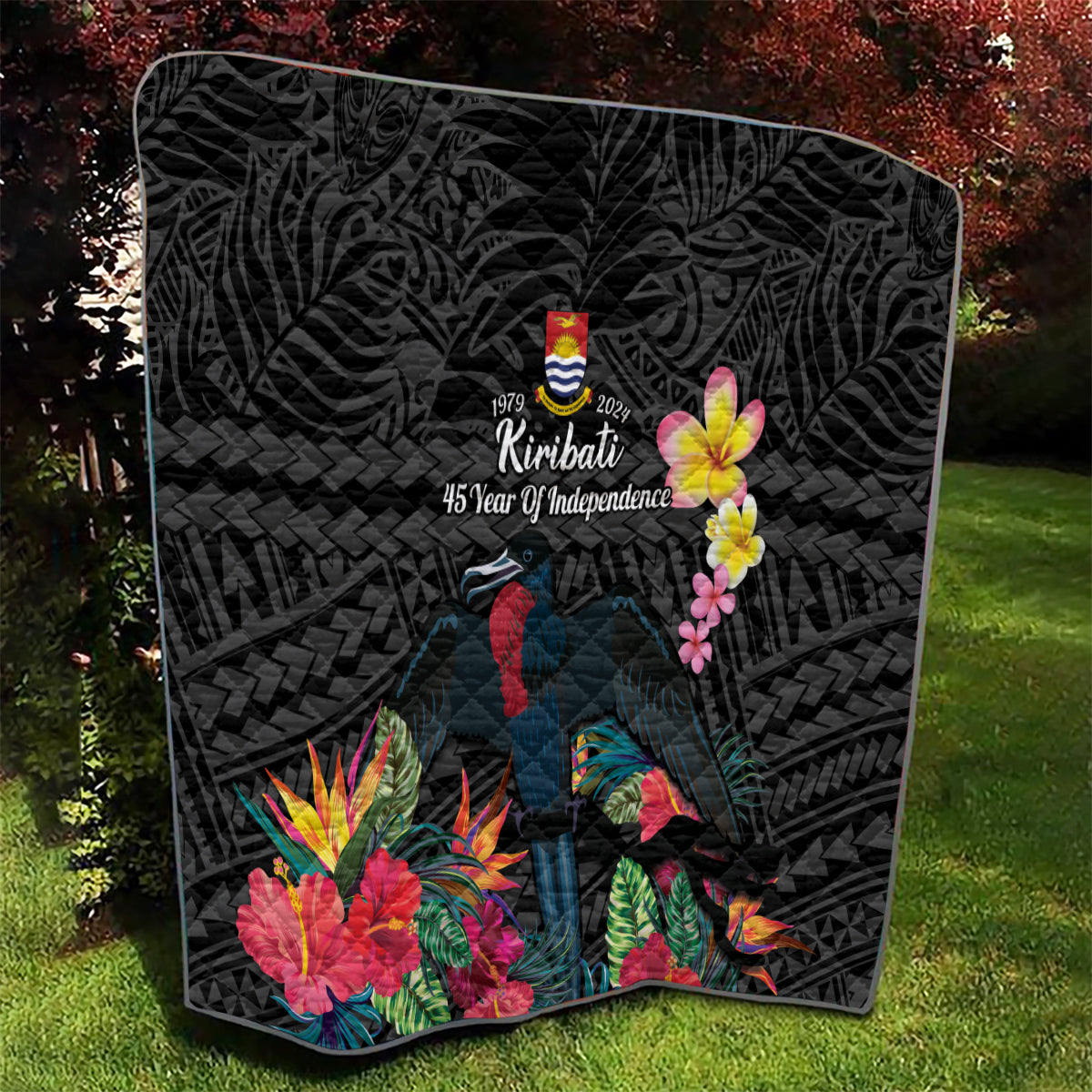 Kiribati Independence Day Quilt Frigatebird Mix Tropical Flowers - Black Style LT14 - Polynesian Pride