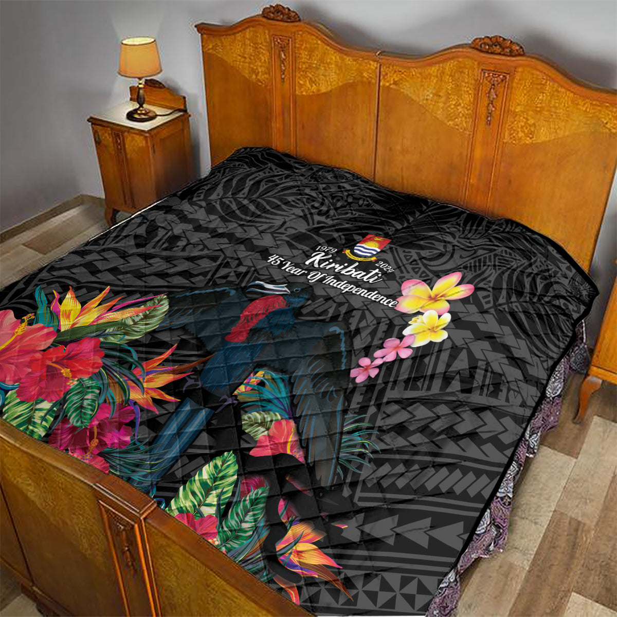 Kiribati Independence Day Quilt Frigatebird Mix Tropical Flowers - Black Style LT14 - Polynesian Pride