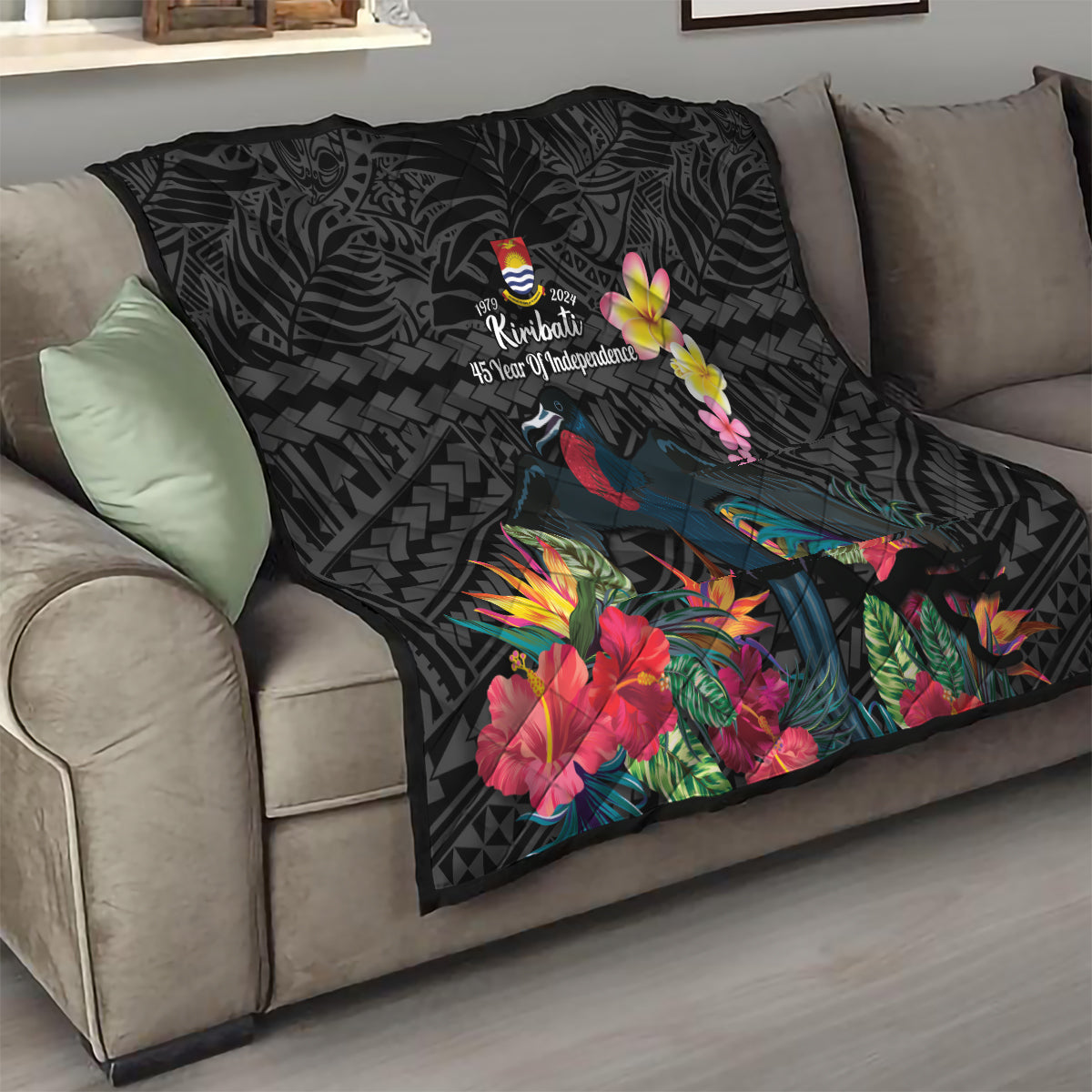 Kiribati Independence Day Quilt Frigatebird Mix Tropical Flowers - Black Style LT14 - Polynesian Pride
