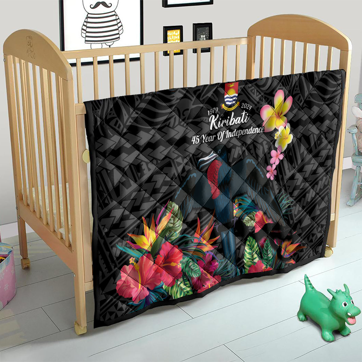 Kiribati Independence Day Quilt Frigatebird Mix Tropical Flowers - Black Style LT14 - Polynesian Pride