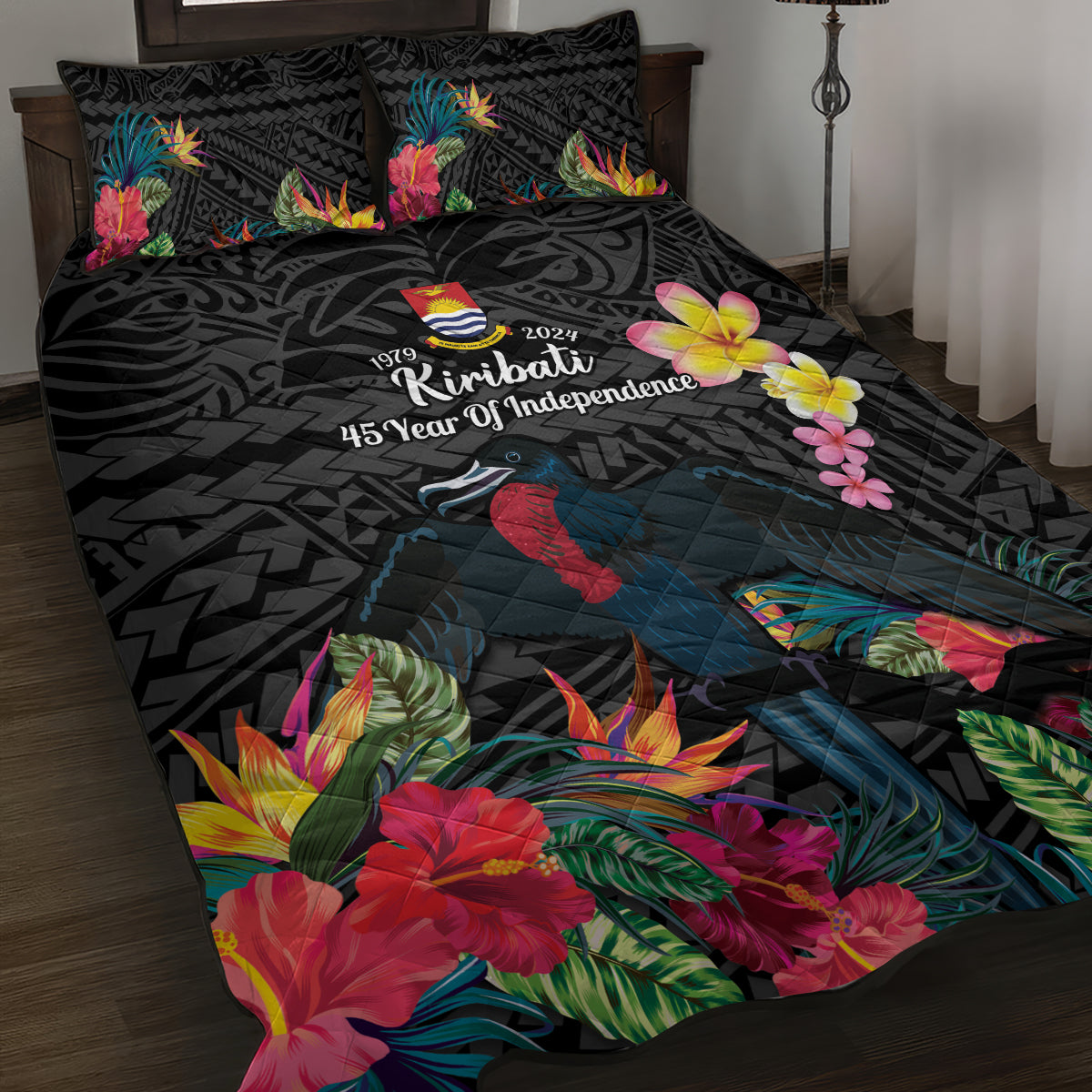 Kiribati Independence Day Quilt Bed Set Frigatebird Mix Tropical Flowers - Black Style