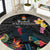 Kiribati Independence Day Round Carpet Frigatebird Mix Tropical Flowers - Black Style