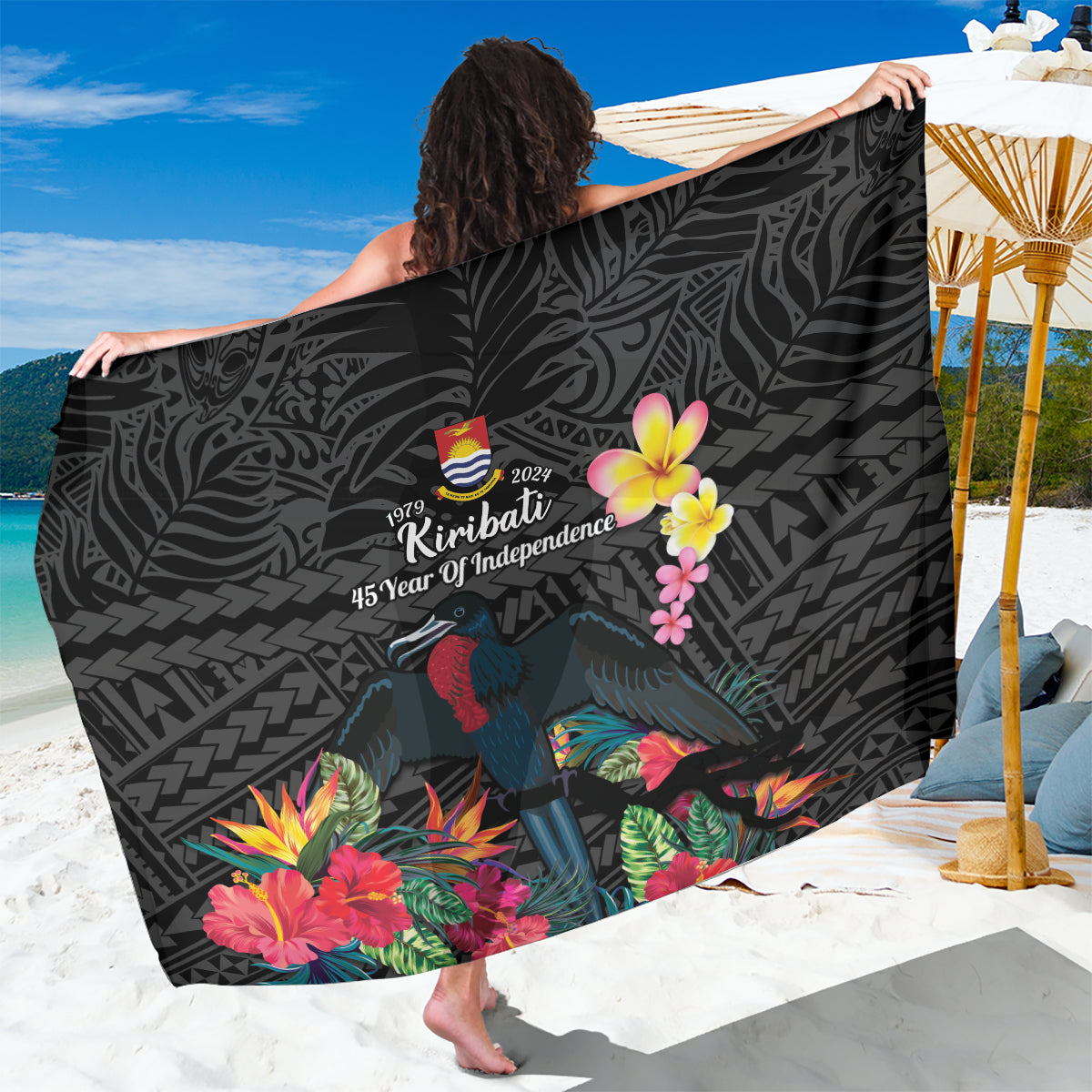 Kiribati Independence Day Sarong Frigatebird Mix Tropical Flowers - Black Style LT14 One Size 44 x 66 inches Black - Polynesian Pride