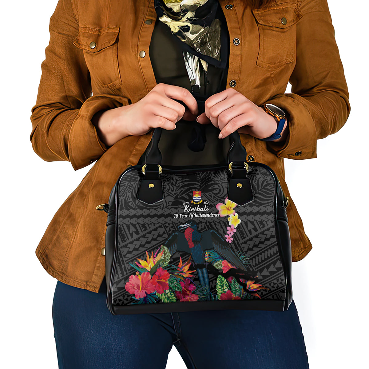 Kiribati Independence Day Shoulder Handbag Frigatebird Mix Tropical Flowers - Black Style LT14 - Polynesian Pride