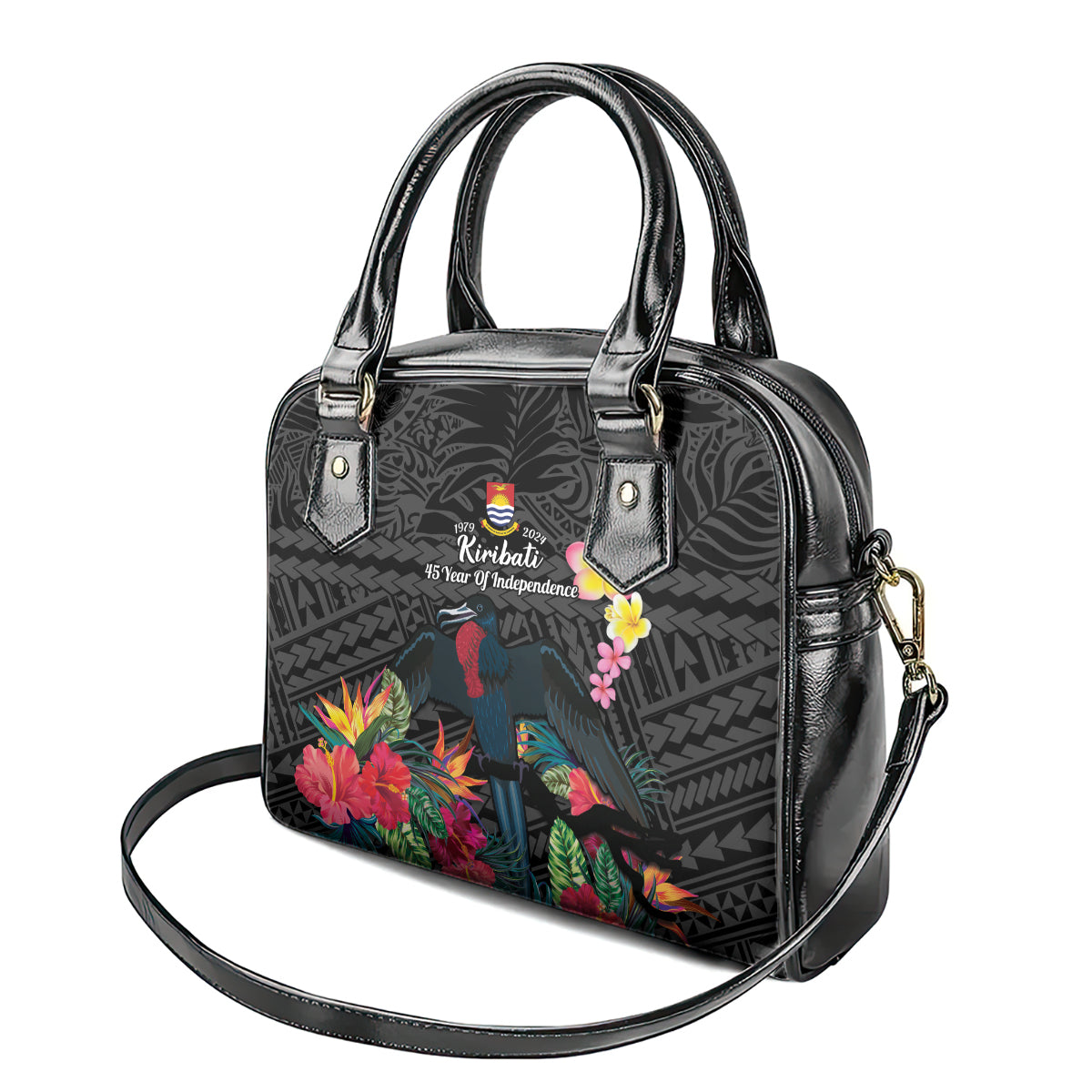 Kiribati Independence Day Shoulder Handbag Frigatebird Mix Tropical Flowers - Black Style LT14 - Polynesian Pride