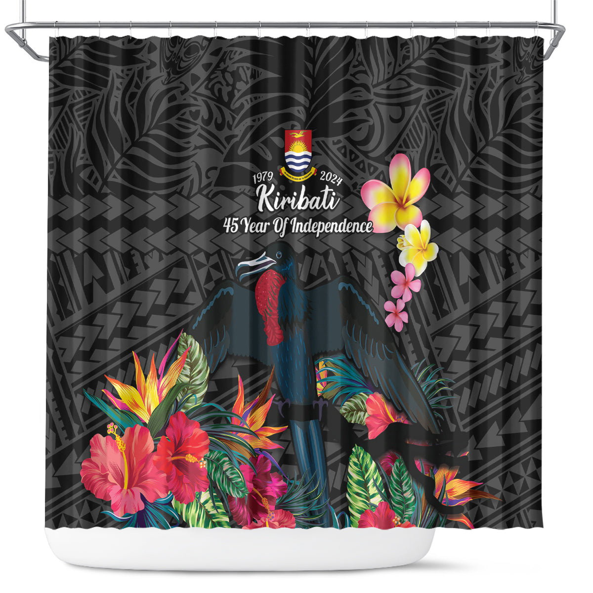 Kiribati Independence Day Shower Curtain Frigatebird Mix Tropical Flowers - Black Style
