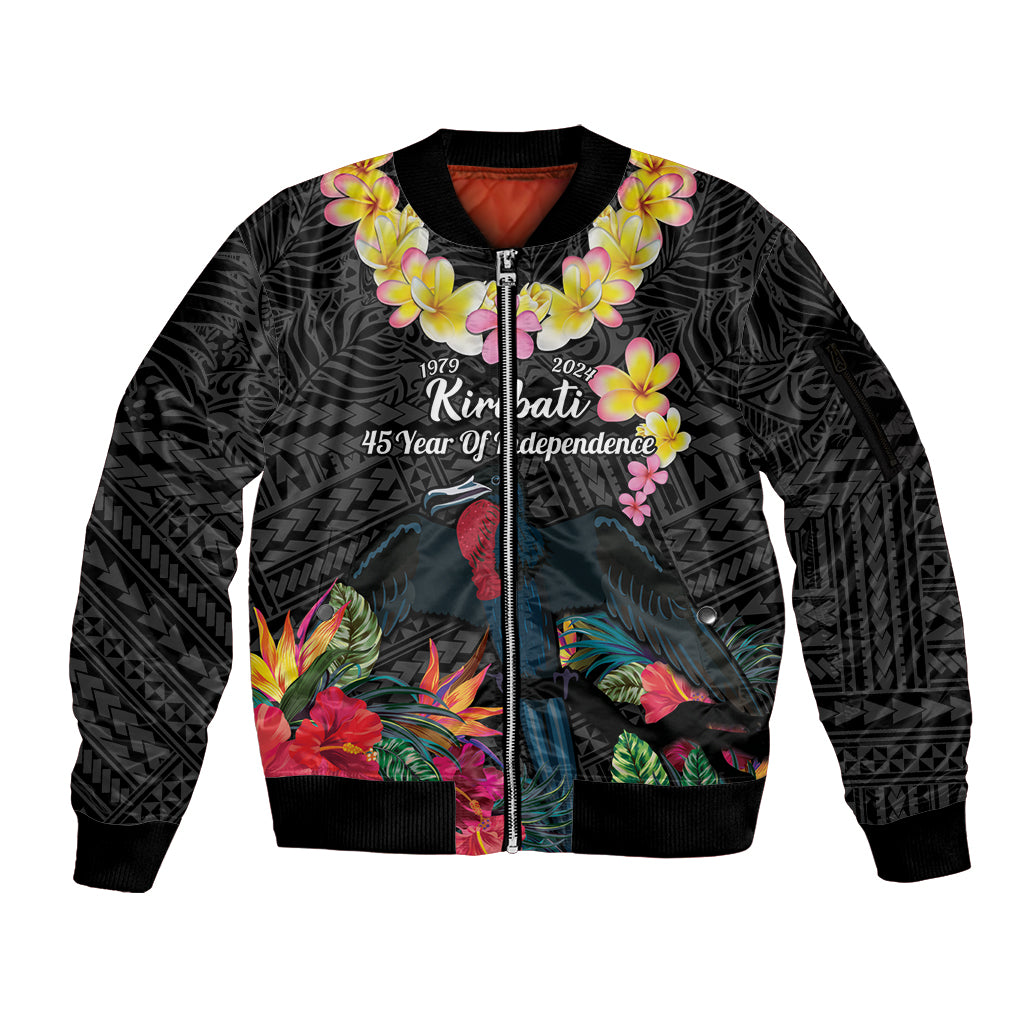 Kiribati Independence Day Sleeve Zip Bomber Jacket Frigatebird Mix Tropical Flowers - Black Style