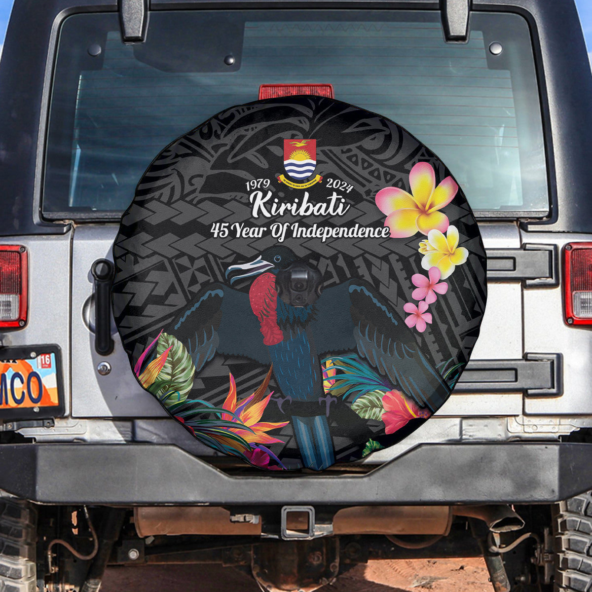 Kiribati Independence Day Spare Tire Cover Frigatebird Mix Tropical Flowers - Black Style