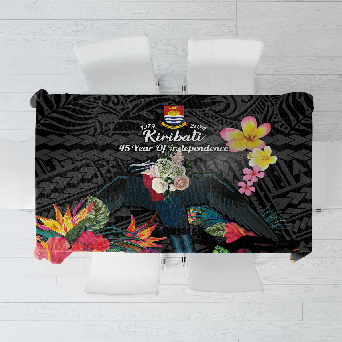 Kiribati Independence Day Tablecloth Frigatebird Mix Tropical Flowers - Black Style LT14 Black - Polynesian Pride
