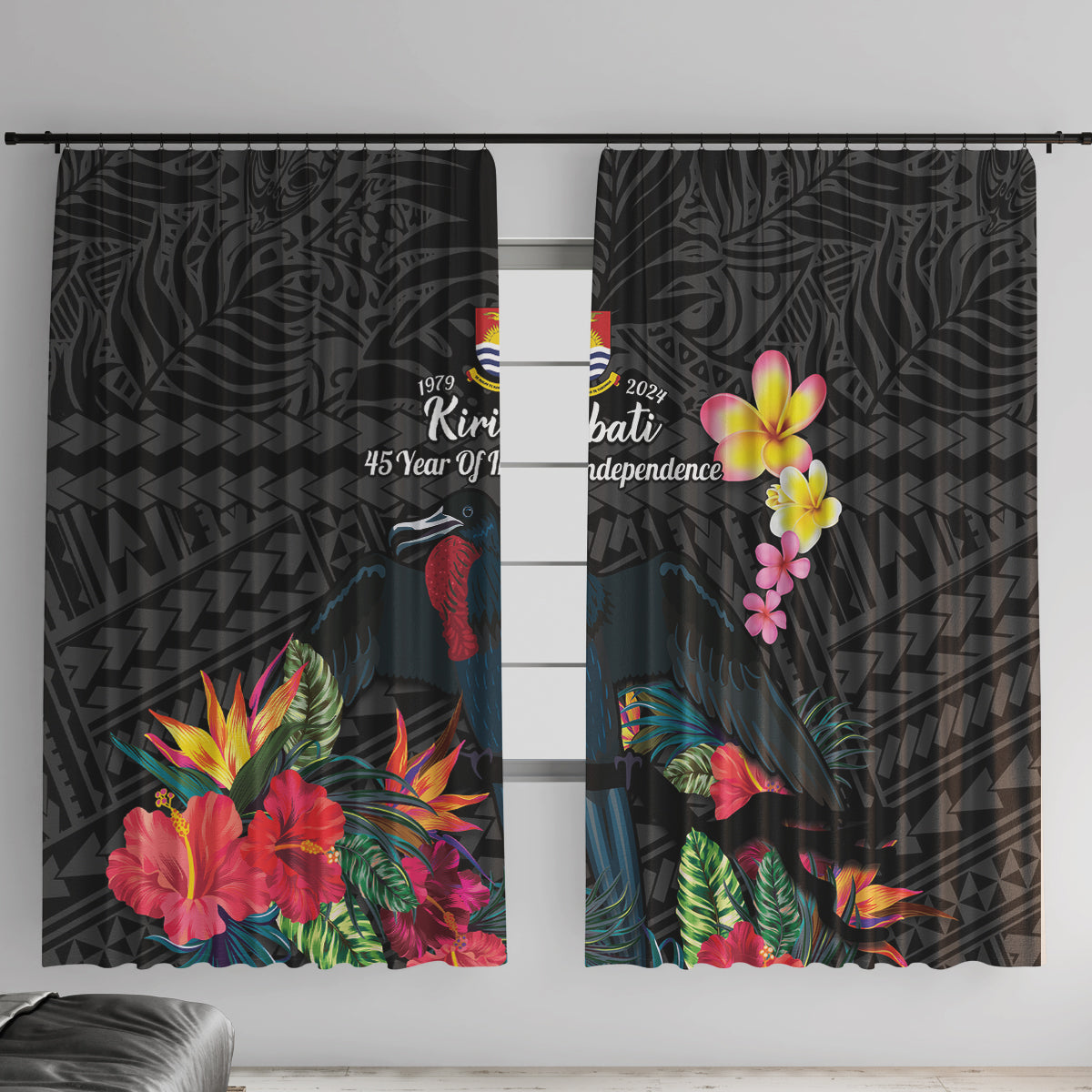 Kiribati Independence Day Window Curtain Frigatebird Mix Tropical Flowers - Black Style LT14 With Hooks Black - Polynesian Pride