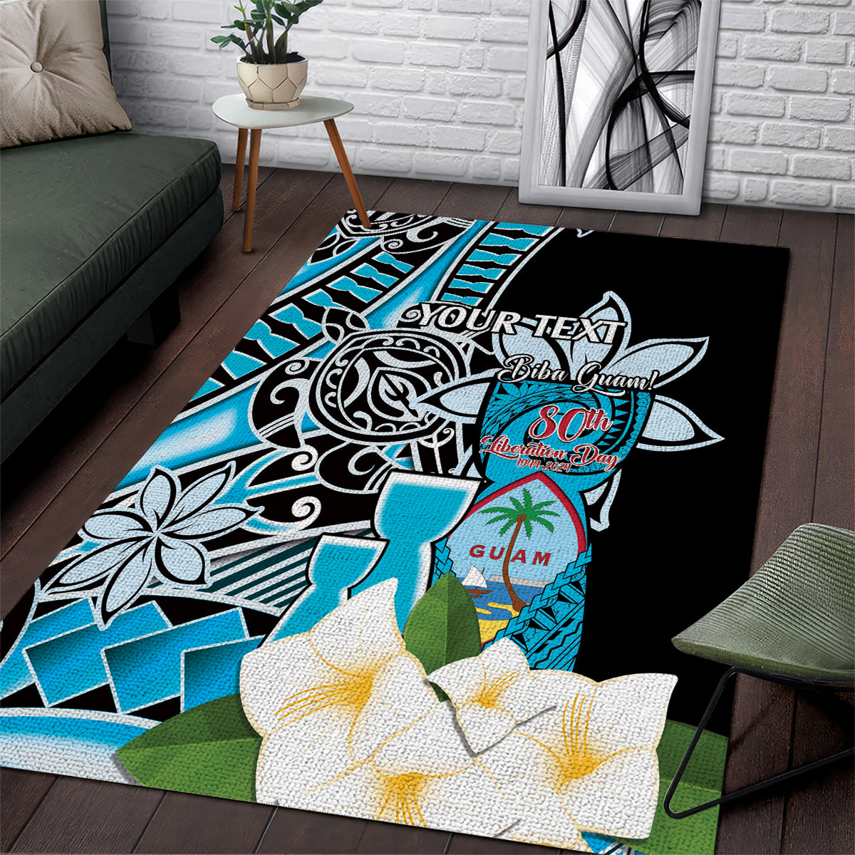 Personalised Guam Liberation Day Area Rug 80th Anniversary Chamorro Latte Stone With Guasali Flowers LT14 Blue - Polynesian Pride