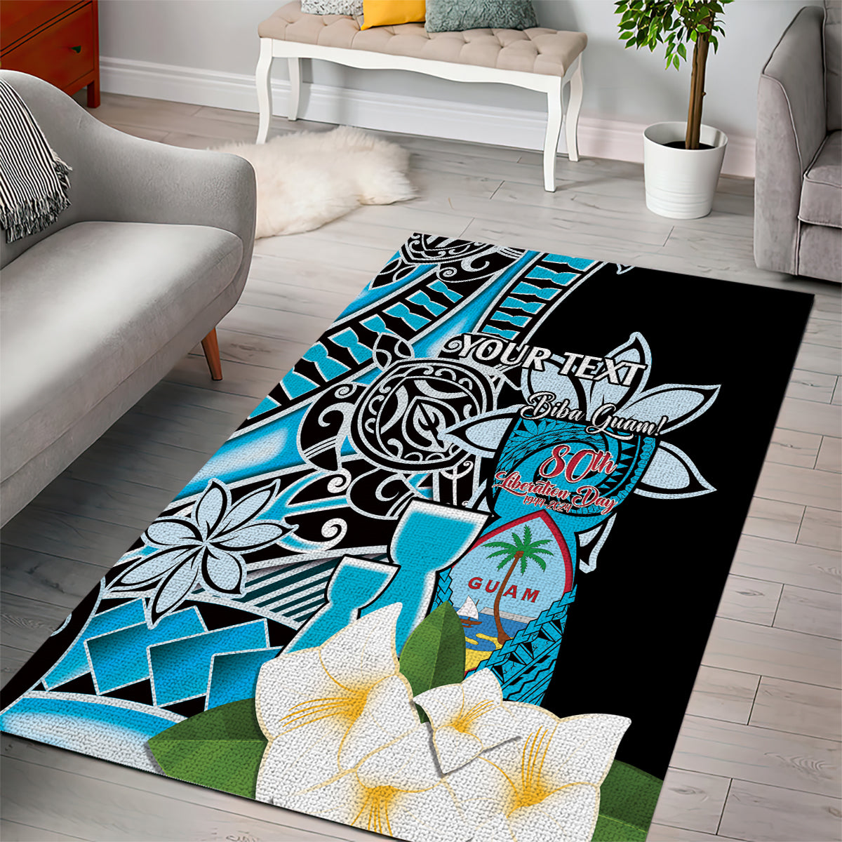 Personalised Guam Liberation Day Area Rug 80th Anniversary Chamorro Latte Stone With Guasali Flowers LT14 - Polynesian Pride