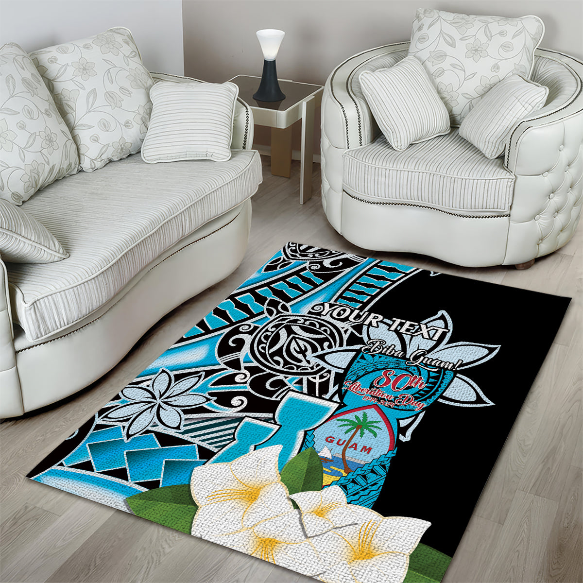 Personalised Guam Liberation Day Area Rug 80th Anniversary Chamorro Latte Stone With Guasali Flowers LT14 - Polynesian Pride
