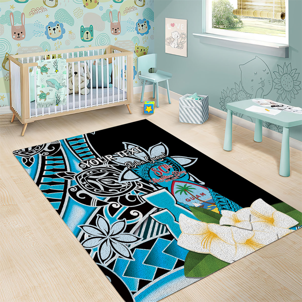 Personalised Guam Liberation Day Area Rug 80th Anniversary Chamorro Latte Stone With Guasali Flowers LT14 - Polynesian Pride