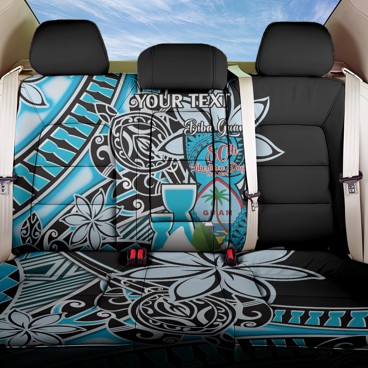 Personalised Guam Liberation Day Back Car Seat Cover 80th Anniversary Chamorro Latte Stone With Guasali Flowers LT14 One Size Blue - Polynesian Pride