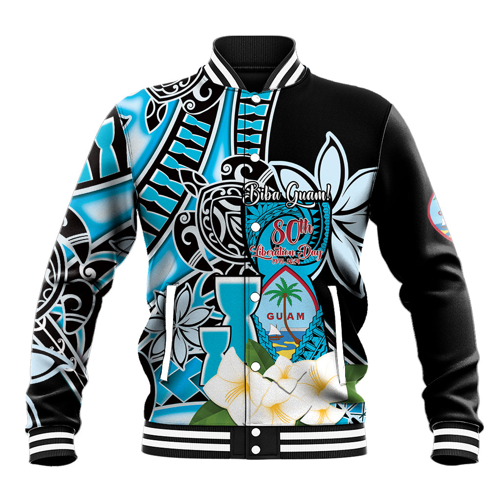 Personalised Guam Liberation Day Baseball Jacket 80th Anniversary Chamorro Latte Stone With Guasali Flowers LT14 Unisex Blue - Polynesian Pride