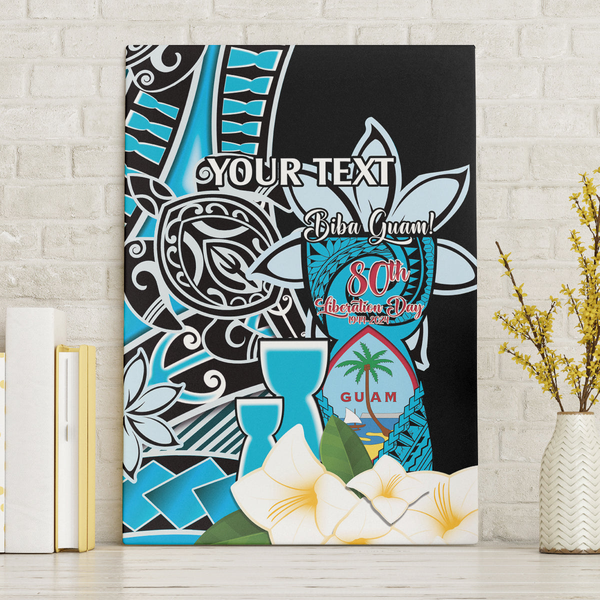 Personalised Guam Liberation Day Canvas Wall Art 80th Anniversary Chamorro Latte Stone With Guasali Flowers LT14 Without Frame Blue - Polynesian Pride