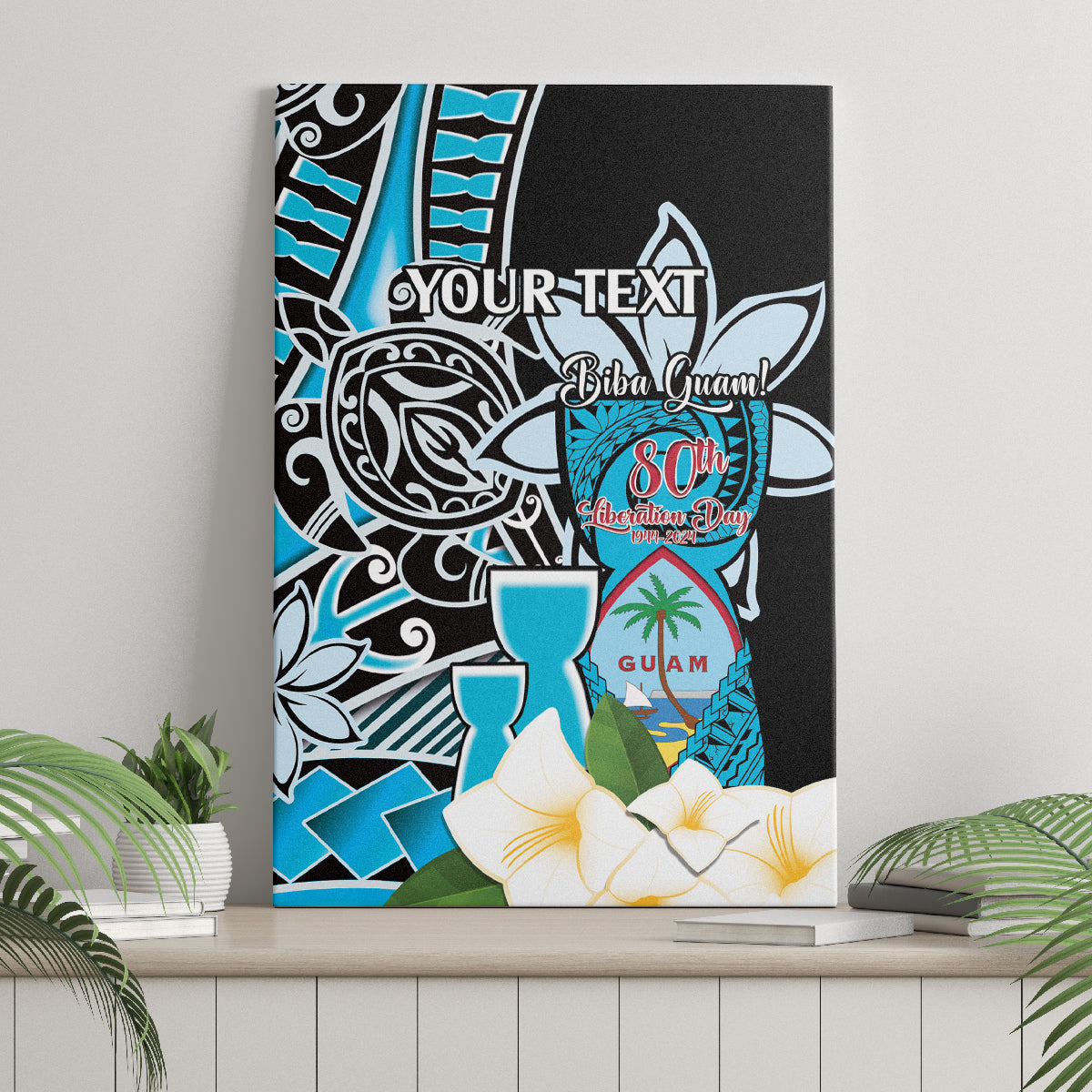 Personalised Guam Liberation Day Canvas Wall Art 80th Anniversary Chamorro Latte Stone With Guasali Flowers LT14 - Polynesian Pride