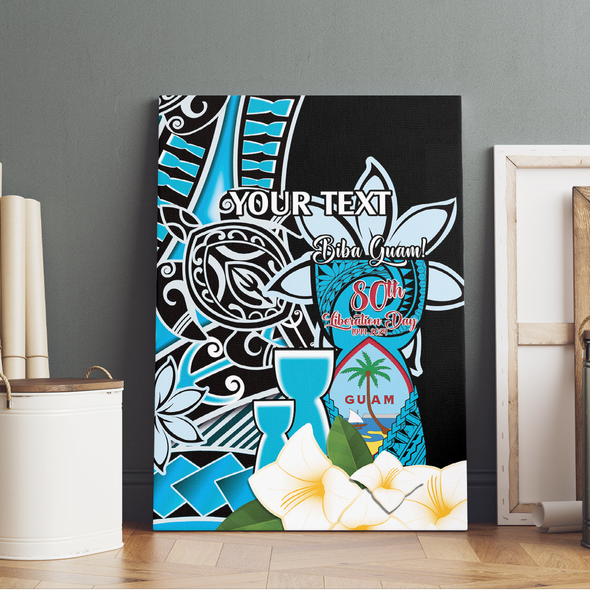 Personalised Guam Liberation Day Canvas Wall Art 80th Anniversary Chamorro Latte Stone With Guasali Flowers LT14 - Polynesian Pride