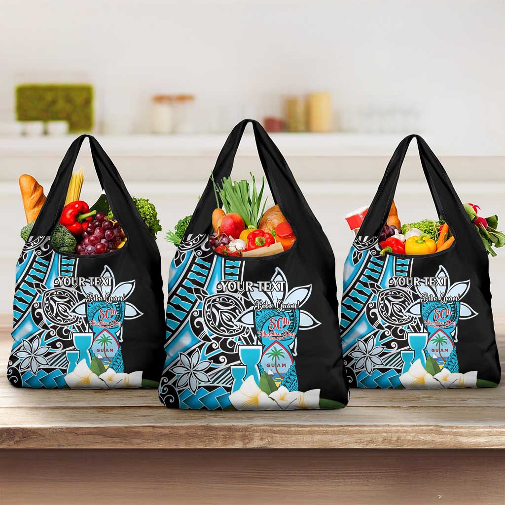 Personalised Guam Liberation Day Grocery Bag Chamorro Latte Stone With Guasali Flowers LT14 3-pack One Size Blue - Polynesian Pride