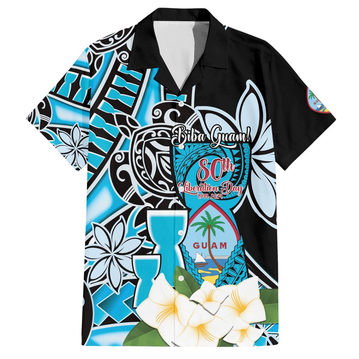 Personalised Guam Liberation Day Hawaiian Shirt 80th Anniversary Chamorro Latte Stone With Guasali Flowers LT14 Blue - Polynesian Pride