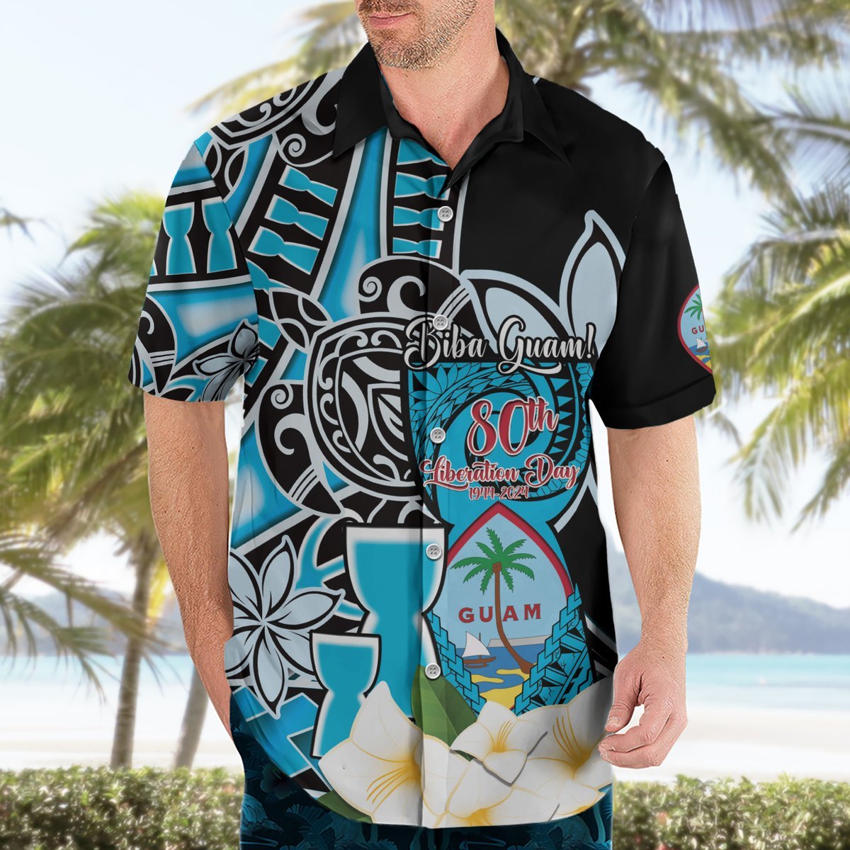 Personalised Guam Liberation Day Hawaiian Shirt 80th Anniversary Chamorro Latte Stone With Guasali Flowers LT14 - Polynesian Pride
