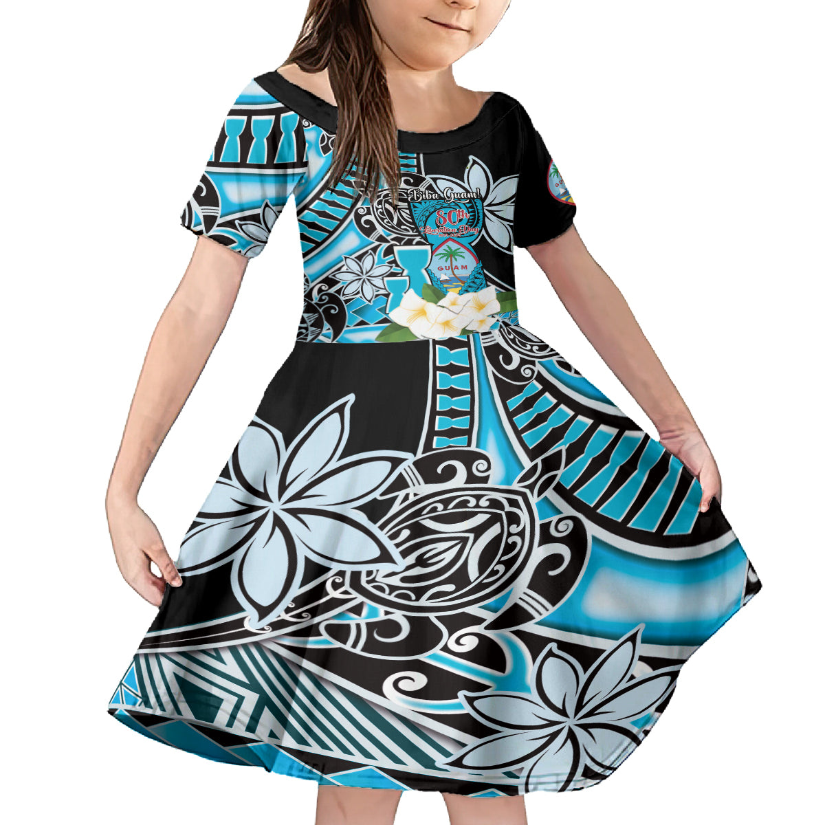 Personalised Guam Liberation Day Kid Short Sleeve Dress 80th Anniversary Chamorro Latte Stone With Guasali Flowers LT14 KID Blue - Polynesian Pride