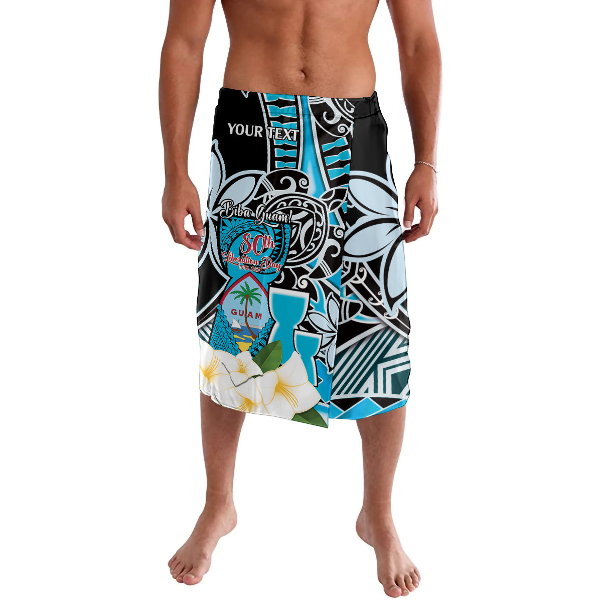Personalised Guam Liberation Day Lavalava 80th Anniversary Chamorro Latte Stone With Guasali Flowers LT14 Blue - Polynesian Pride