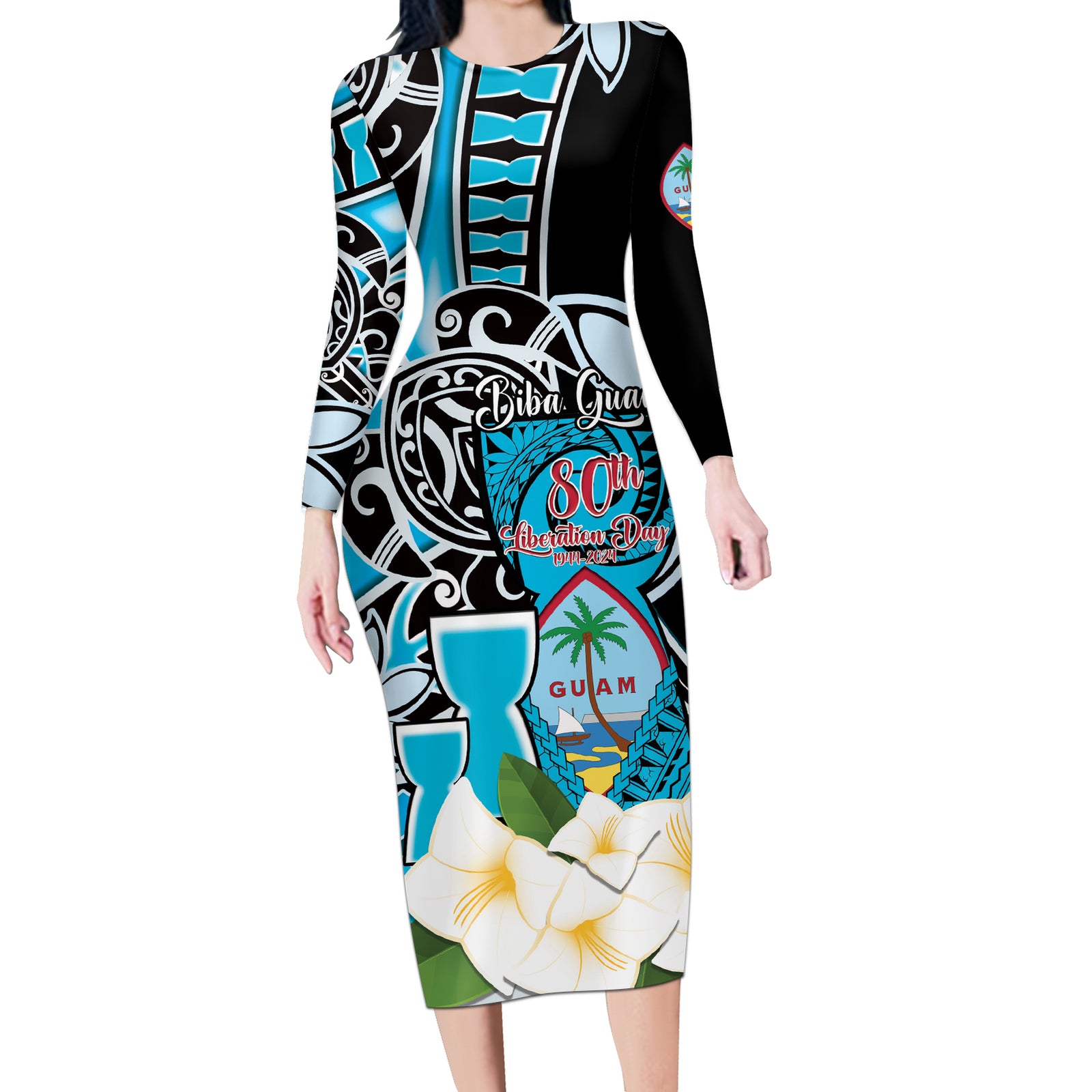 Personalised Guam Liberation Day Long Sleeve Bodycon Dress 80th Anniversary Chamorro Latte Stone With Guasali Flowers LT14 Long Dress Blue - Polynesian Pride