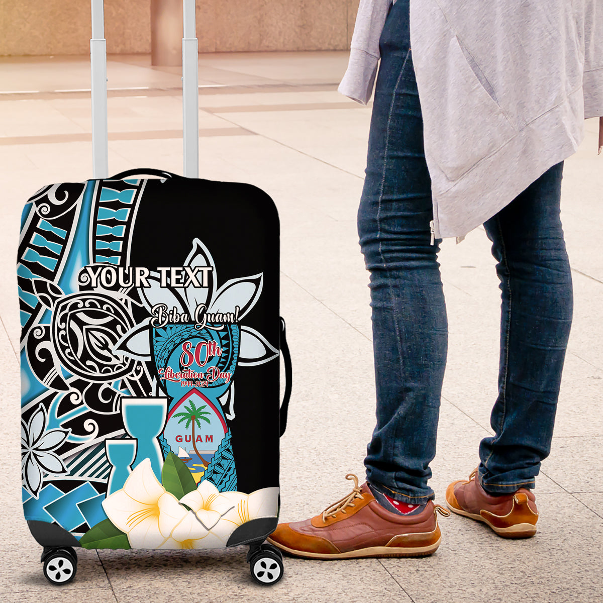 Personalised Guam Liberation Day Luggage Cover 80th Anniversary Chamorro Latte Stone With Guasali Flowers LT14 Blue - Polynesian Pride