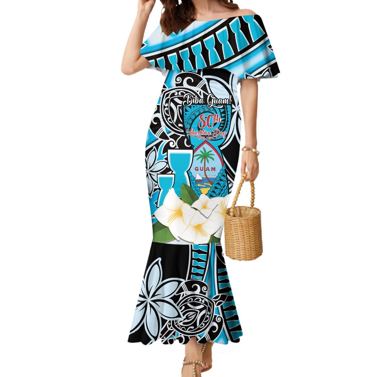 Personalised Guam Liberation Day Mermaid Dress 80th Anniversary Chamorro Latte Stone With Guasali Flowers LT14 Women Blue - Polynesian Pride