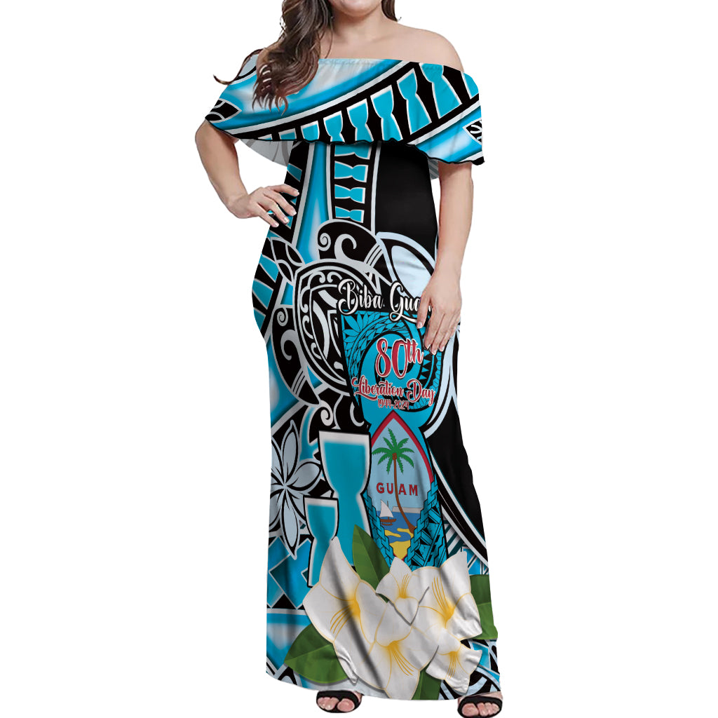 Personalised Guam Liberation Day Off Shoulder Maxi Dress 80th Anniversary Chamorro Latte Stone With Guasali Flowers LT14 Women Blue - Polynesian Pride