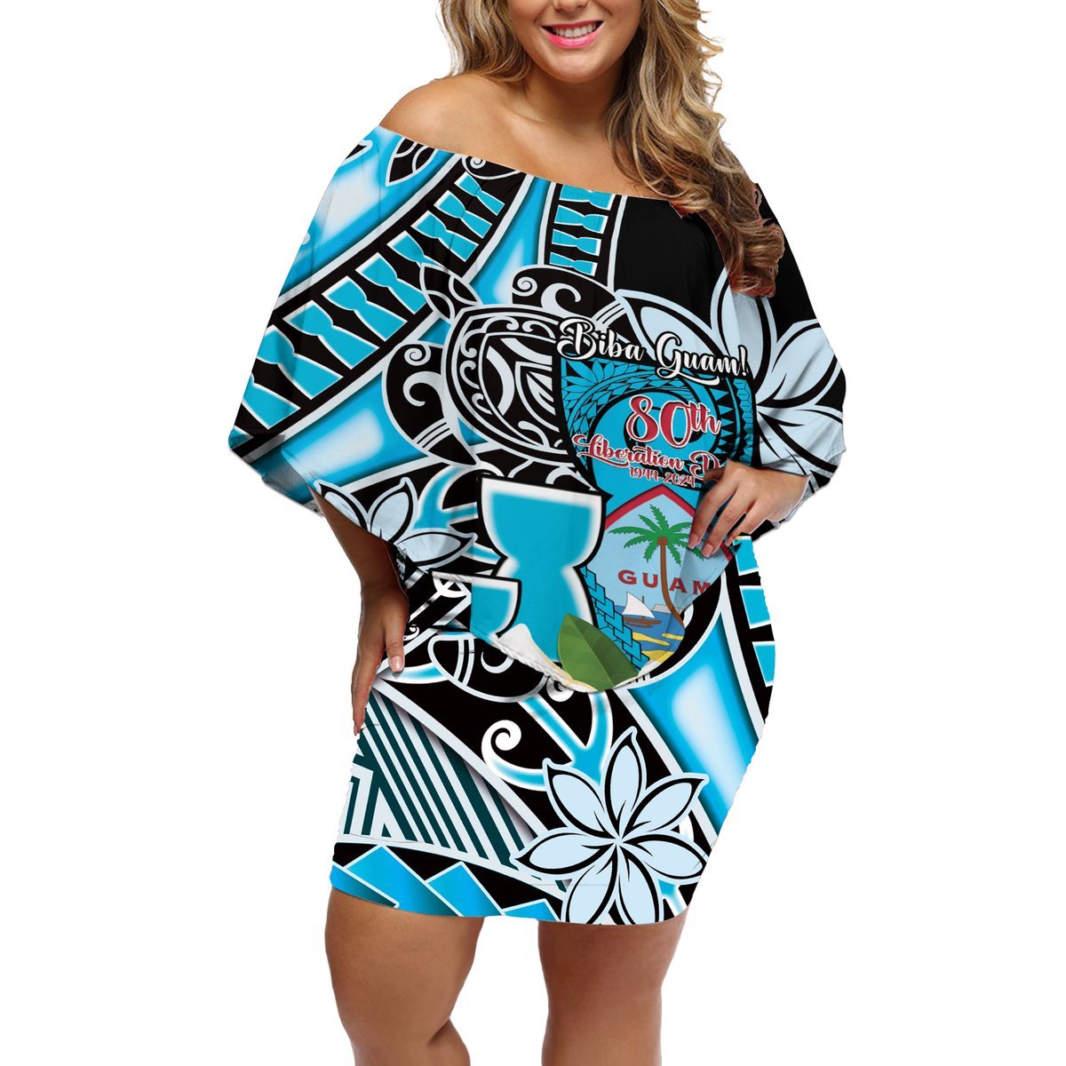 Personalised Guam Liberation Day Off Shoulder Short Dress 80th Anniversary Chamorro Latte Stone With Guasali Flowers LT14 Women Blue - Polynesian Pride