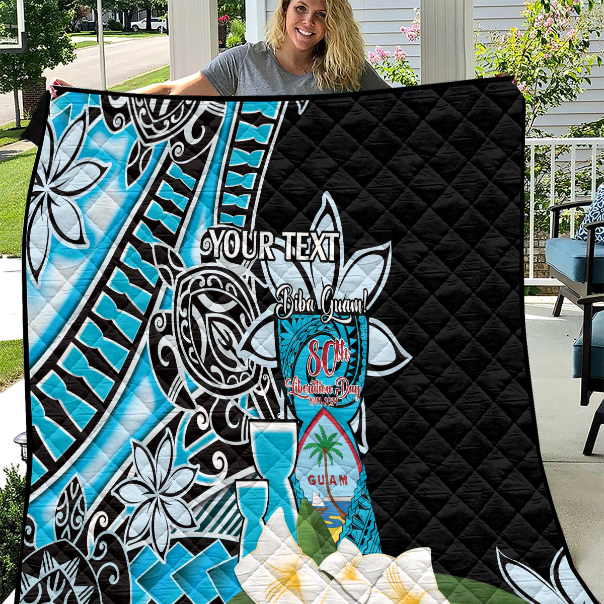 Personalised Guam Liberation Day Quilt 80th Anniversary Chamorro Latte Stone With Guasali Flowers LT14 Blue - Polynesian Pride