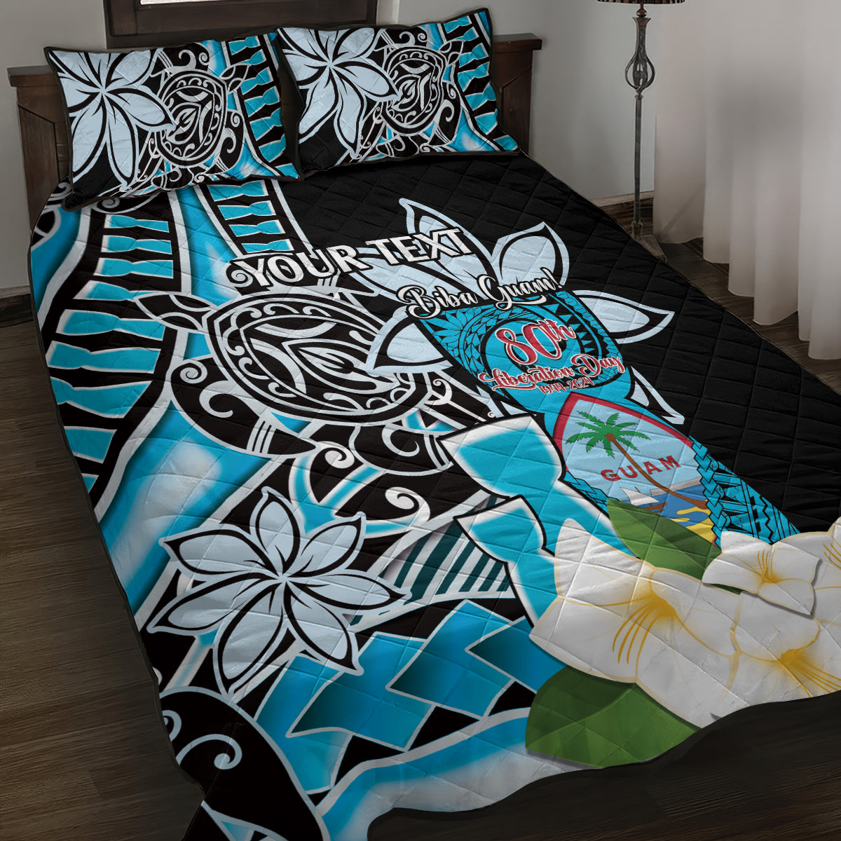 Personalised Guam Liberation Day Quilt Bed Set 80th Anniversary Chamorro Latte Stone With Guasali Flowers LT14 Blue - Polynesian Pride
