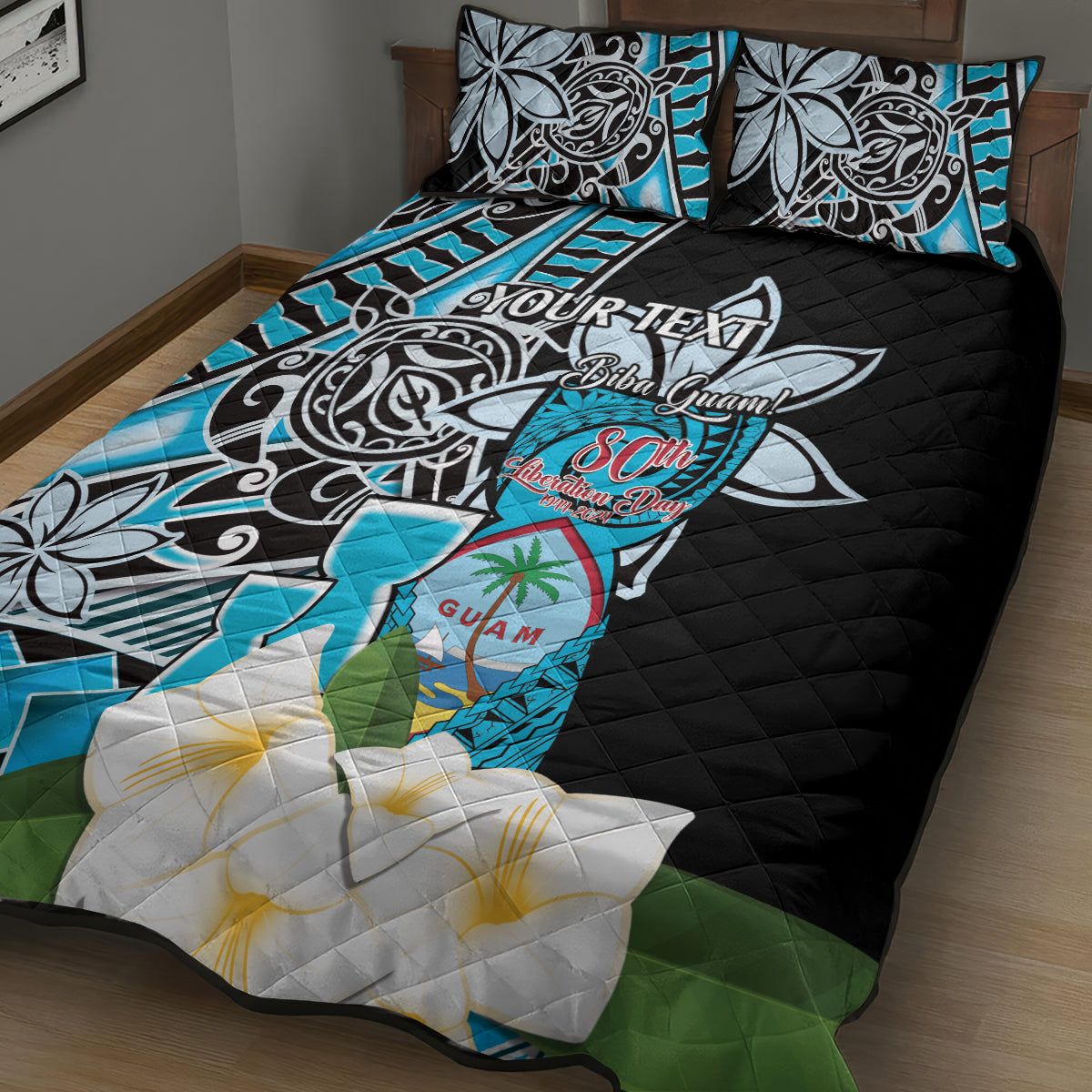 Personalised Guam Liberation Day Quilt Bed Set 80th Anniversary Chamorro Latte Stone With Guasali Flowers LT14 - Polynesian Pride