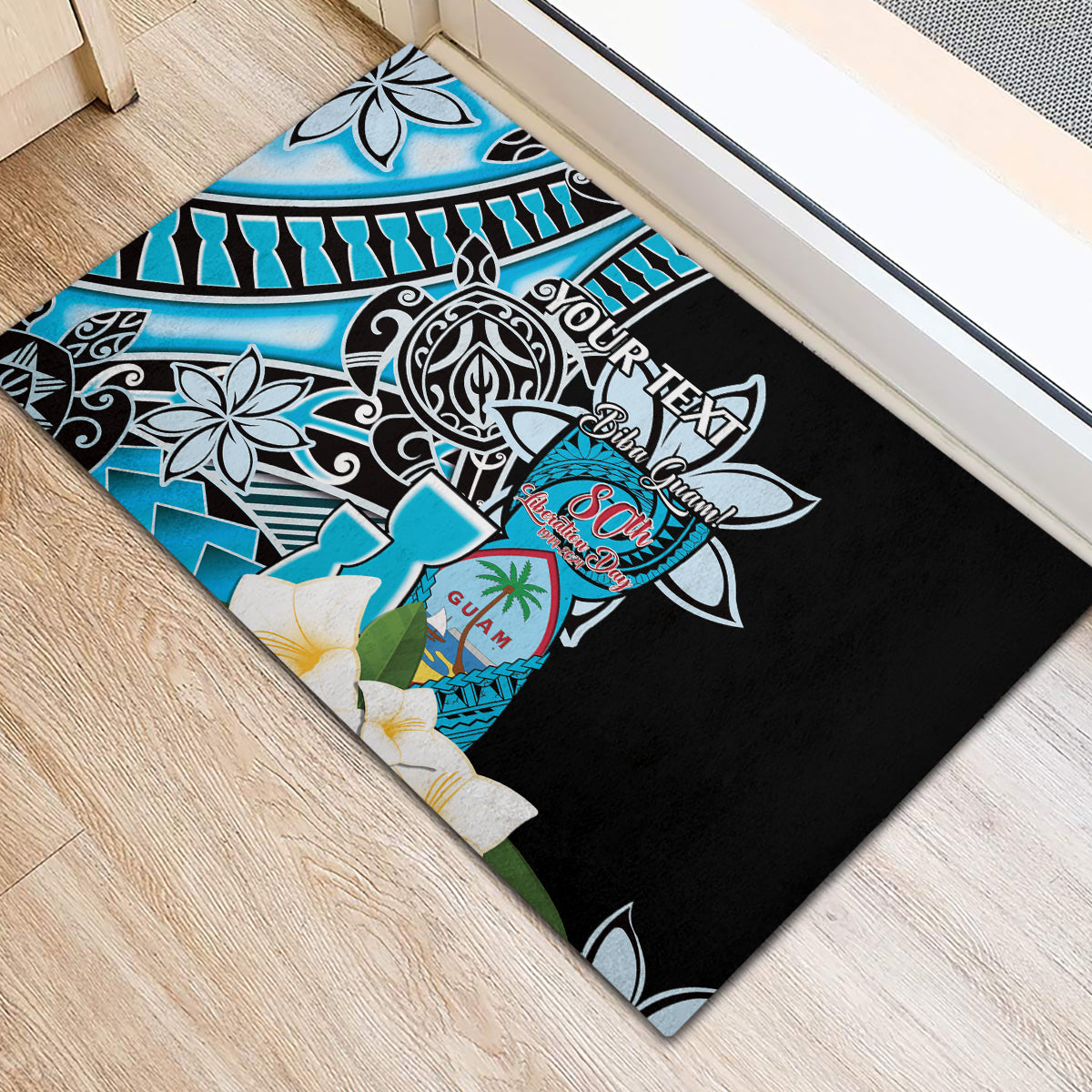 Personalised Guam Liberation Day Rubber Doormat 80th Anniversary Chamorro Latte Stone With Guasali Flowers LT14 - Polynesian Pride