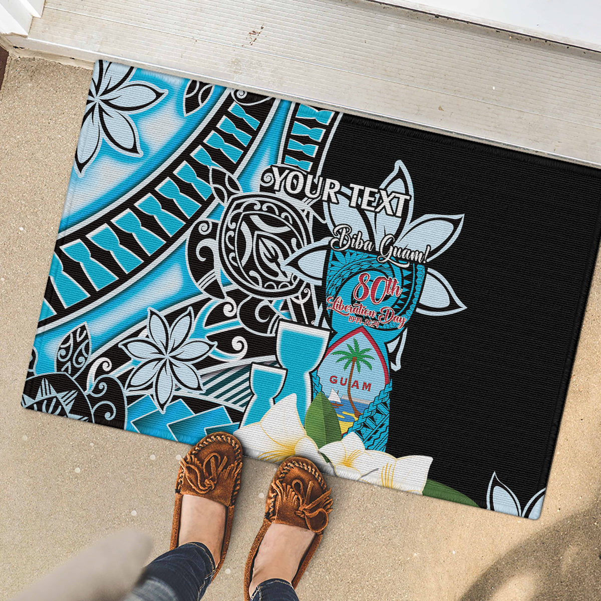 Personalised Guam Liberation Day Rubber Doormat 80th Anniversary Chamorro Latte Stone With Guasali Flowers LT14 - Polynesian Pride