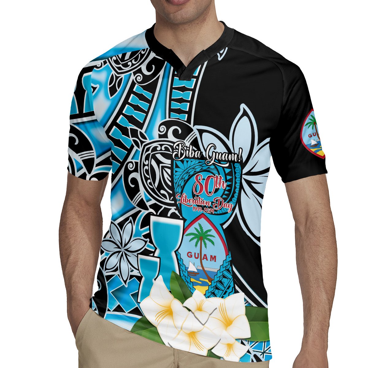 Personalised Guam Liberation Day Rugby Jersey 80th Anniversary Chamorro Latte Stone With Guasali Flowers LT14 - Polynesian Pride