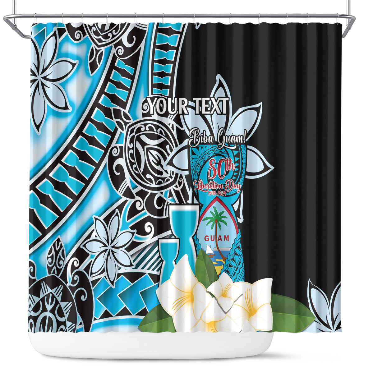 Personalised Guam Liberation Day Shower Curtain 80th Anniversary Chamorro Latte Stone With Guasali Flowers LT14 Blue - Polynesian Pride