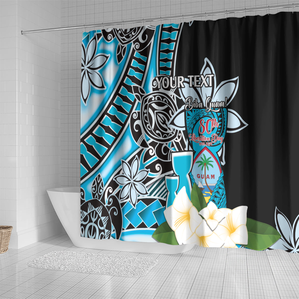 Personalised Guam Liberation Day Shower Curtain 80th Anniversary Chamorro Latte Stone With Guasali Flowers LT14 - Polynesian Pride