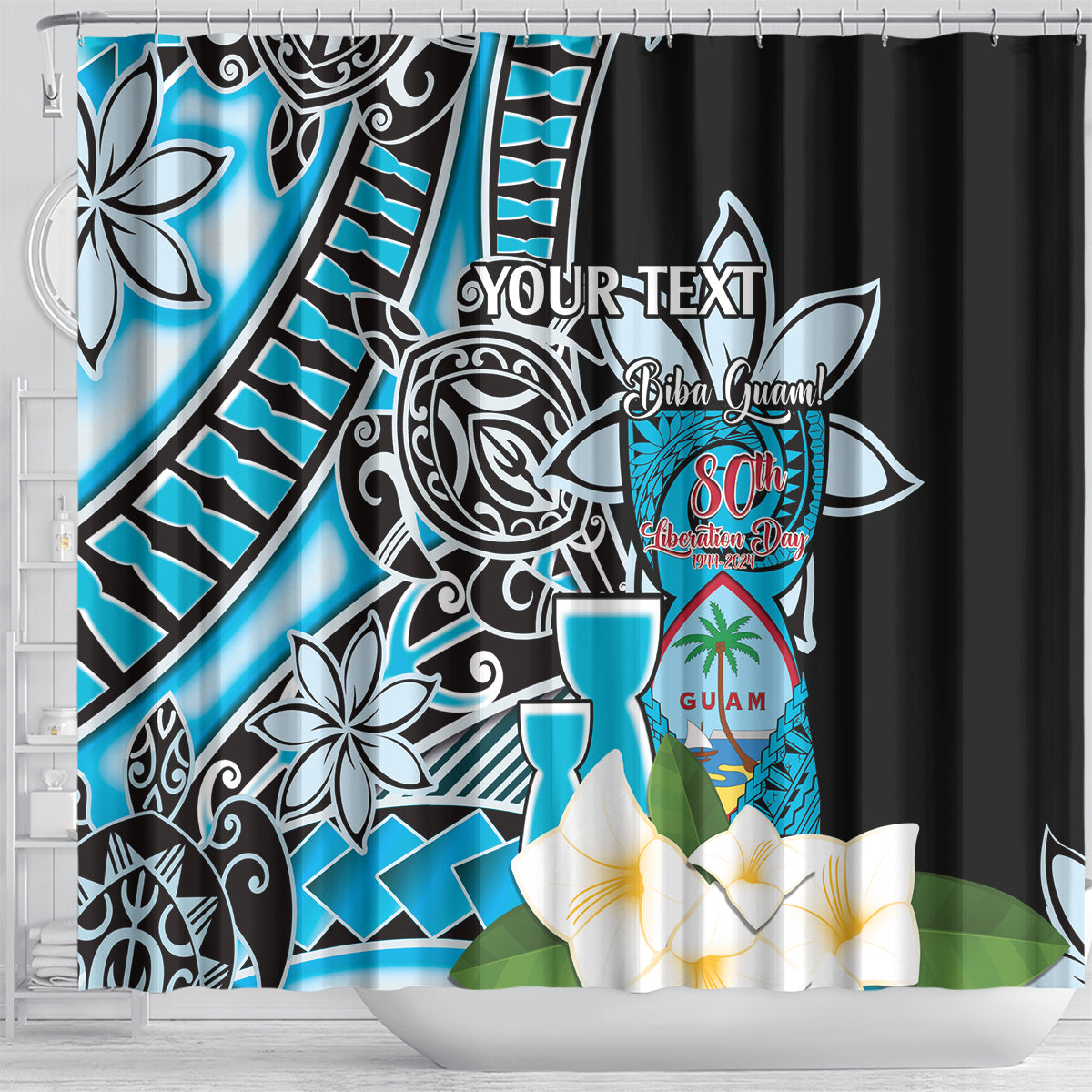 Personalised Guam Liberation Day Shower Curtain 80th Anniversary Chamorro Latte Stone With Guasali Flowers LT14 - Polynesian Pride