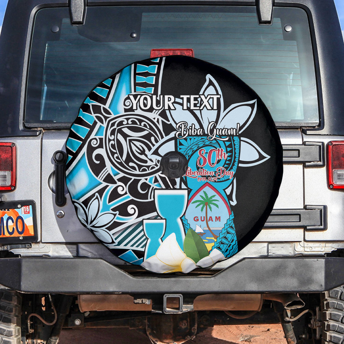 Personalised Guam Liberation Day Spare Tire Cover 80th Anniversary Chamorro Latte Stone With Guasali Flowers LT14 Blue - Polynesian Pride