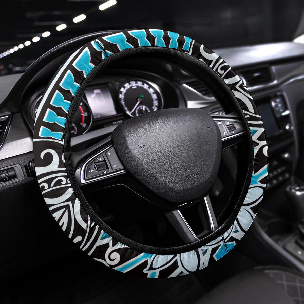 Guam Liberation Day Steering Wheel Cover 80th Anniversary Chamorro Latte Stone With Guasali Flowers LT14 Universal Fit Blue - Polynesian Pride