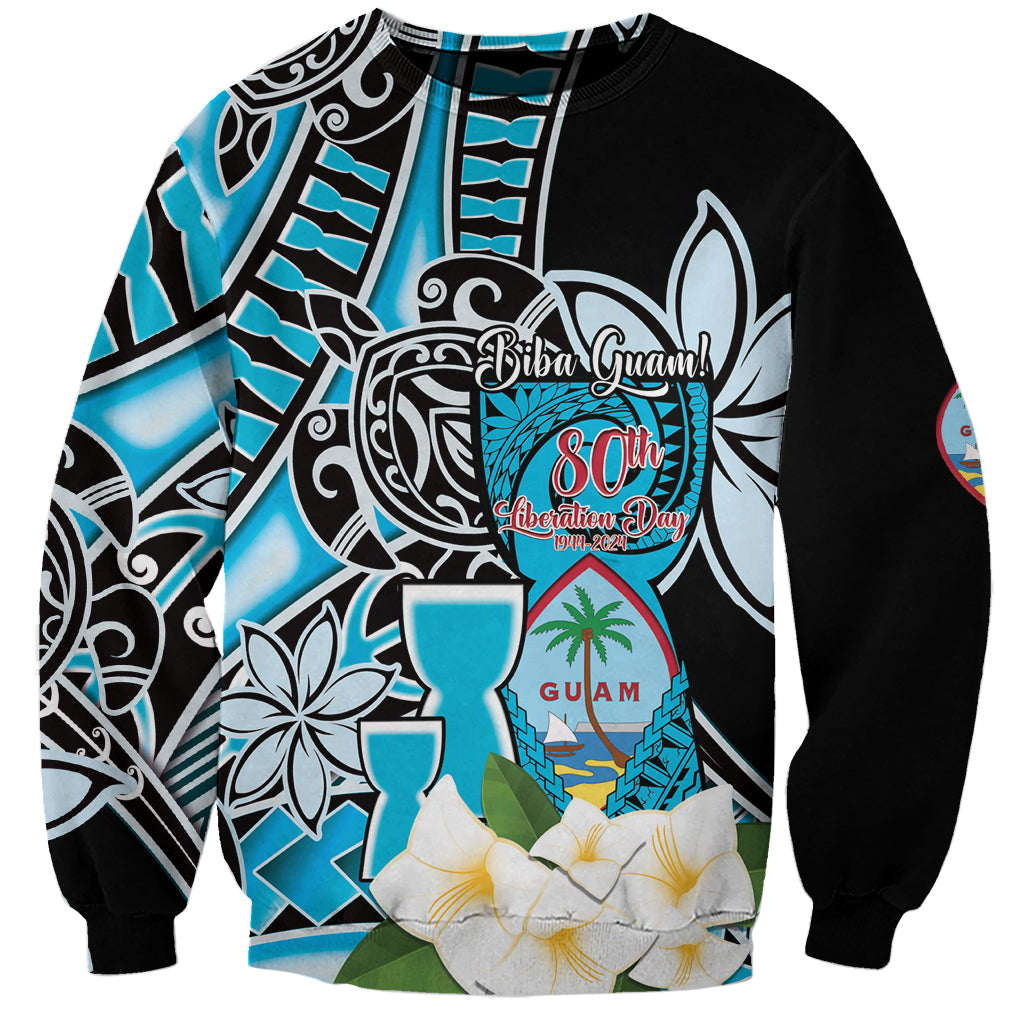 Personalised Guam Liberation Day Sweatshirt 80th Anniversary Chamorro Latte Stone With Guasali Flowers LT14 Unisex Blue - Polynesian Pride