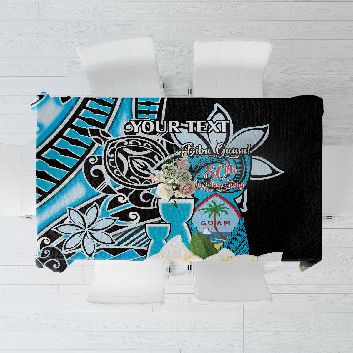Personalised Guam Liberation Day Tablecloth 80th Anniversary Chamorro Latte Stone With Guasali Flowers LT14 Blue - Polynesian Pride