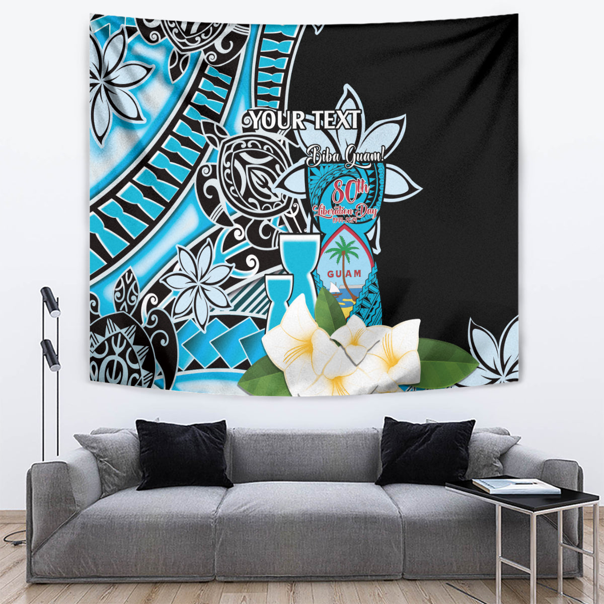 Personalised Guam Liberation Day Tapestry 80th Anniversary Chamorro Latte Stone With Guasali Flowers LT14 Blue - Polynesian Pride