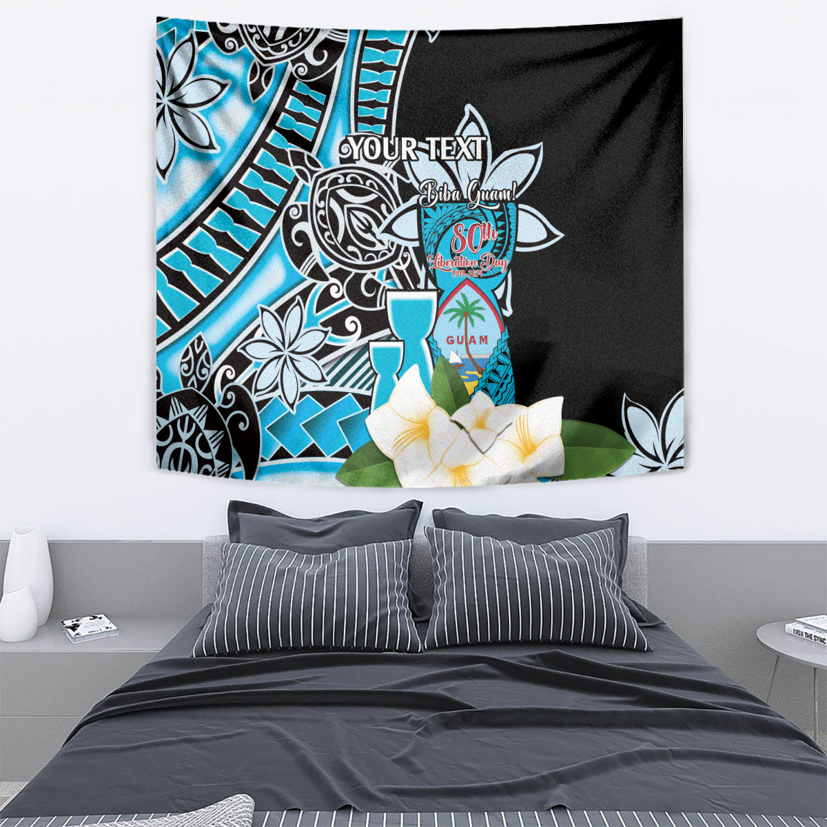 Personalised Guam Liberation Day Tapestry 80th Anniversary Chamorro Latte Stone With Guasali Flowers LT14 - Polynesian Pride